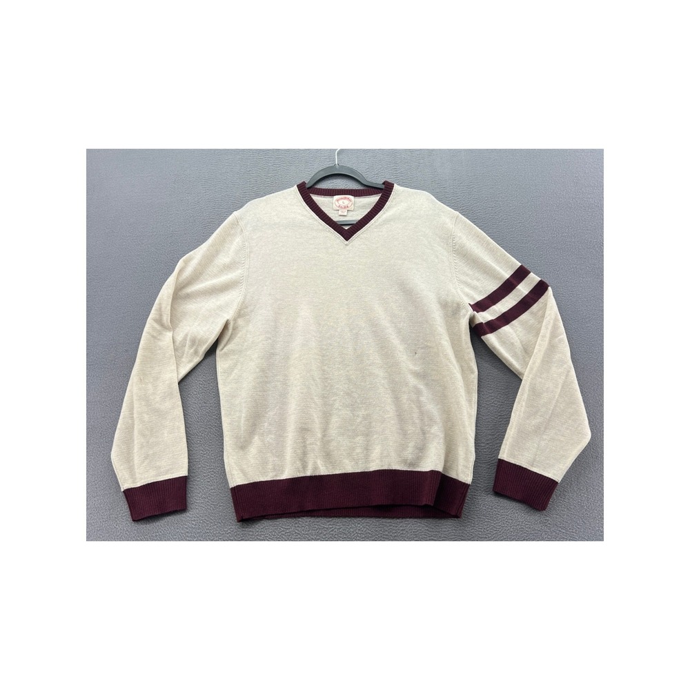Brooks Brothers Sweater Mens Sz L Lambswool V-Neck Beige Burgundy Stripe